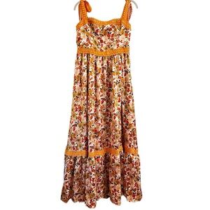 Floral Midi Maxi Dress Orange Crochet Straps Tiered Lined Boho Festival Medium